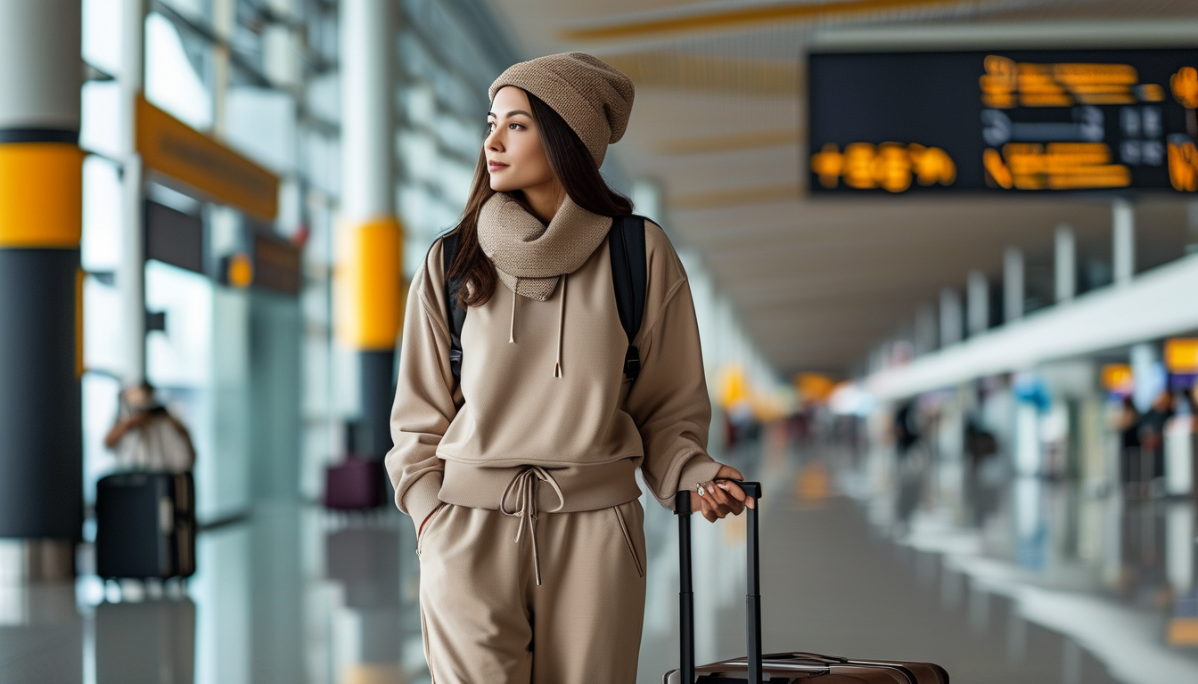 Woman in comfortable neutral activewear at the airport