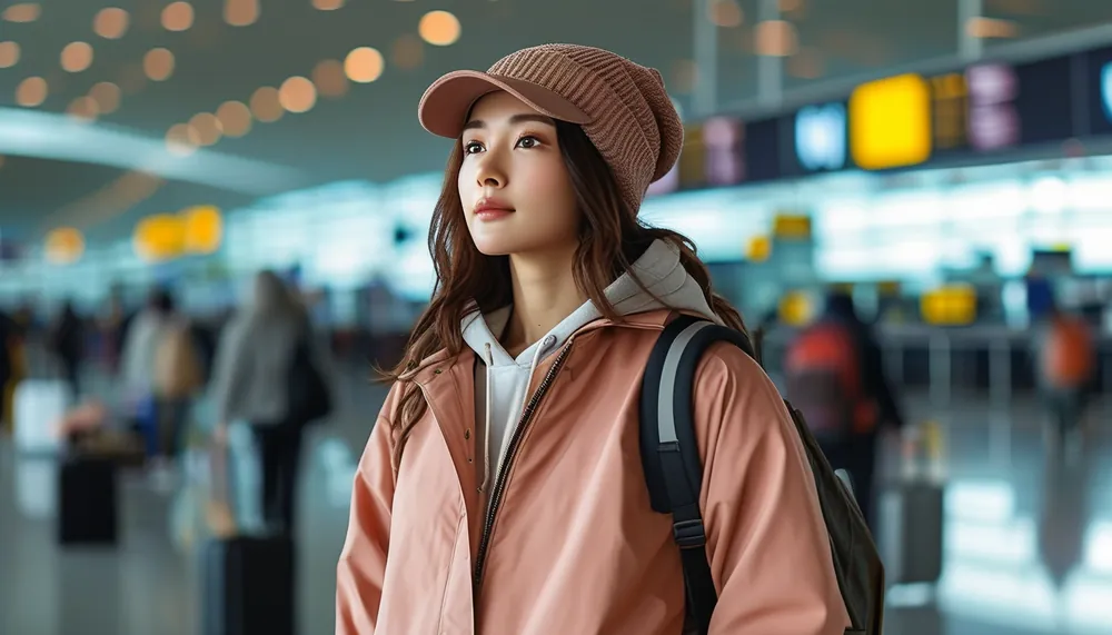 Woman in cozy travel activewear at an airport gate